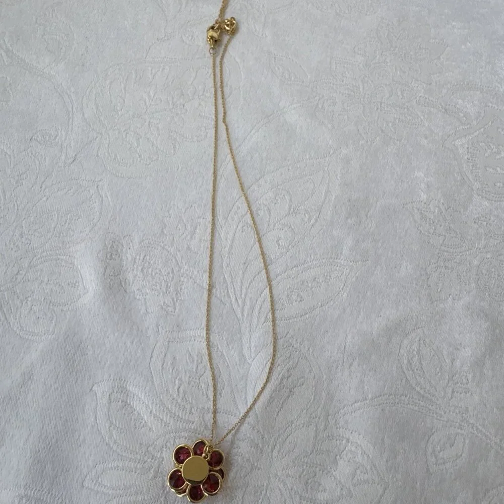 Kate Spade Gold Tone Crystal Ruby Flower Pendant Necklace Fashion Trendy NEW